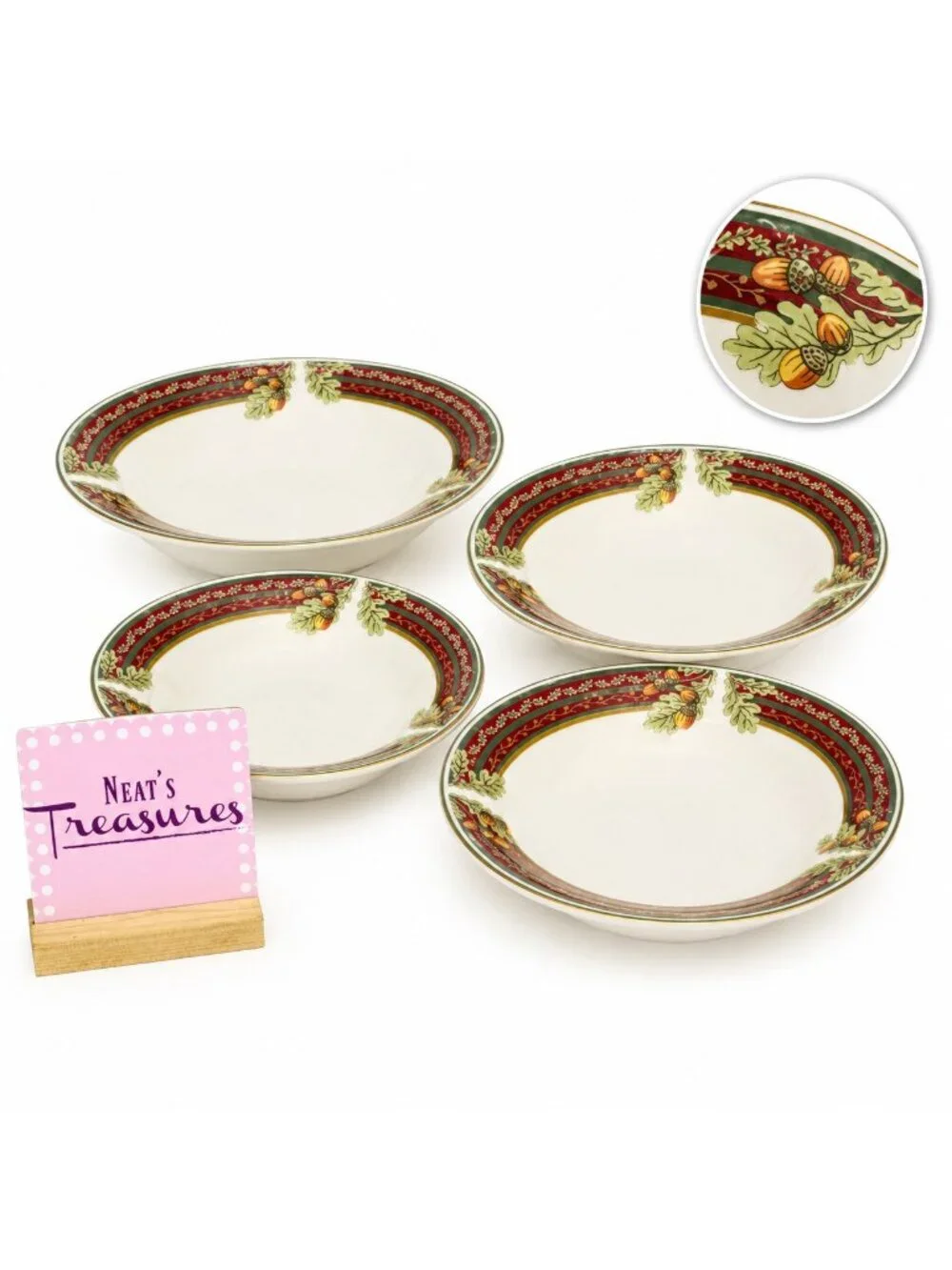 Gibson MAPLE HOLIDAYS Leave Nut Red Panel Gold Trim Stoneware Soup Bowls Set 4